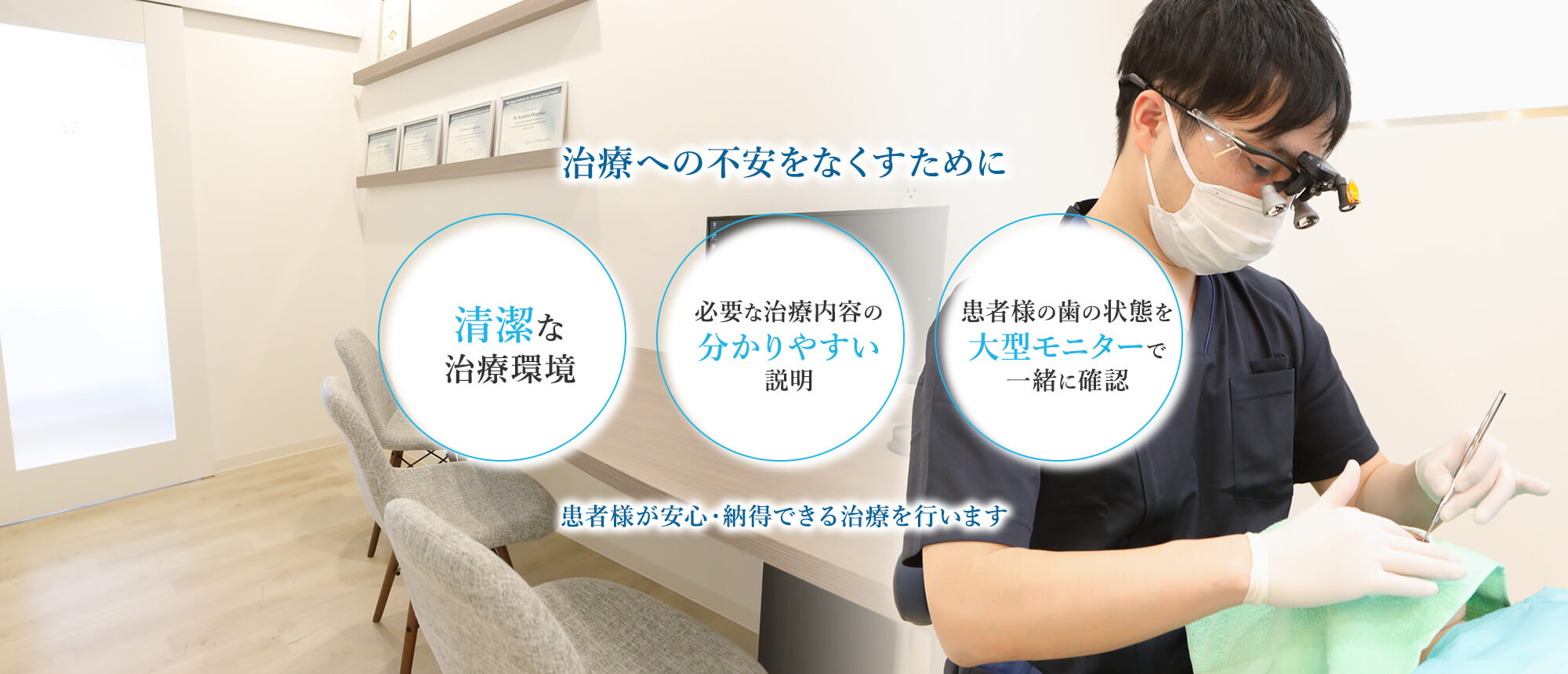 治療への不安をなくすために 清潔な治療環境/必要な治療内容の分かりやすい説明/患者様の歯の状態を大型モニターで一緒に確認 患者様が安心・納得できる治療を行います